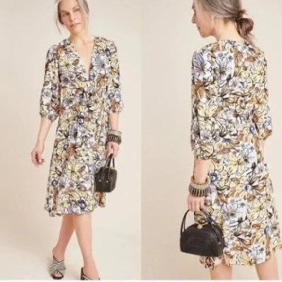 Faithfull The Brand x Anthropologie Chloe Midi Dress Yellow Brown Floral Size 4 - Picture 1 of 6